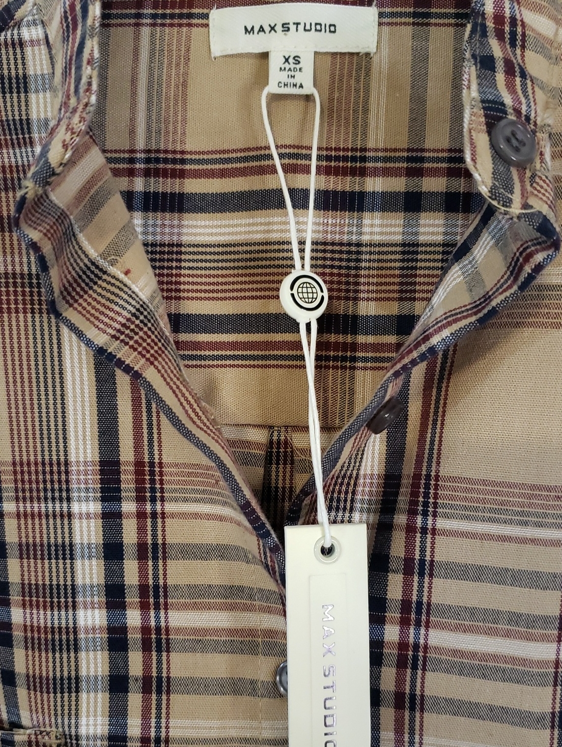 Max Studio Tan And Brown Plaid Button-Down Roll Tab Sleeve Shirt — image 2 of 6